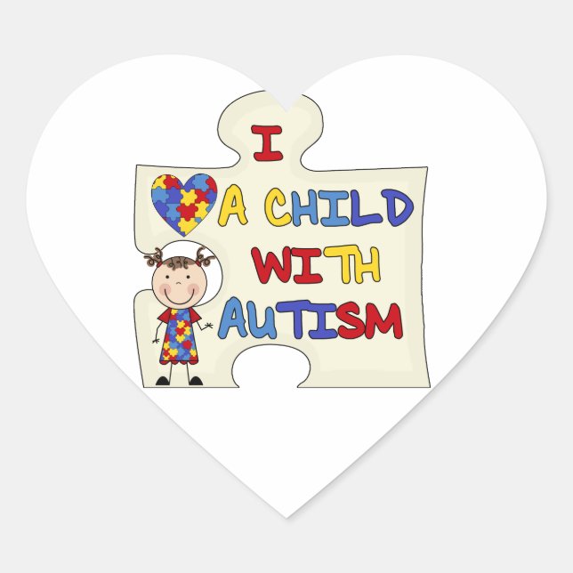 Child WIth Autism Brunette Girl 2 Heart Sticker (Front)