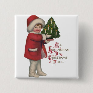 Child with Christmas Tree Vintage Illustration Art 15 Cm Square Badge