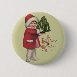 Child with Christmas Tree Vintage Illustration Art 6 Cm Round Badge