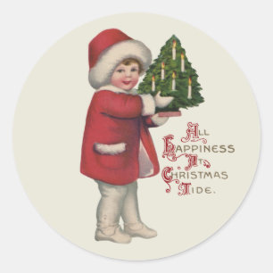 Child with Christmas Tree Vintage Illustration Art Classic Round Sticker