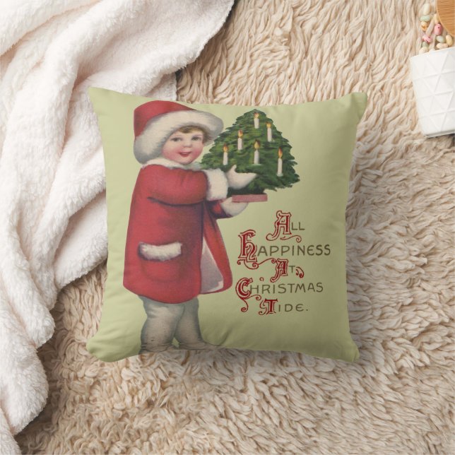 Child with Christmas Tree Vintage Illustration Art Cushion (Blanket)