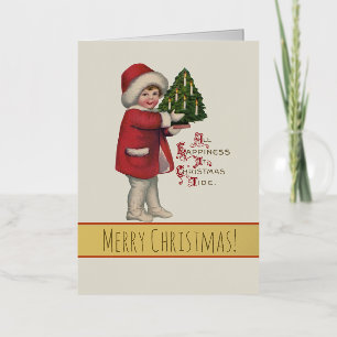 Child with Christmas Tree Vintage Illustration Art Foil Holiday Card