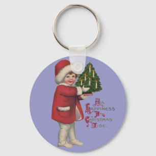 Child with Christmas Tree Vintage Illustration Art Key Ring