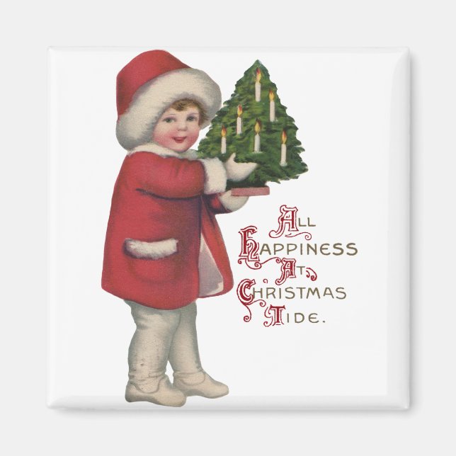 Child with Christmas Tree Vintage Illustration Art Magnet (Front)