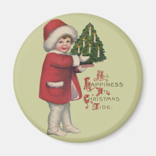 Child with Christmas Tree Vintage Illustration Art Magnet