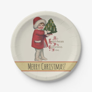 Child with Christmas Tree Vintage Illustration Art Paper Plate