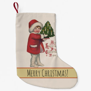 Child with Christmas Tree Vintage Illustration Art Small Christmas Stocking