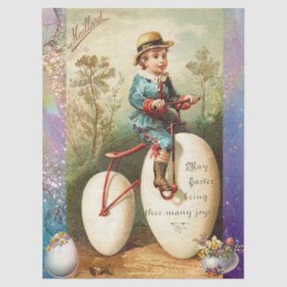 CHILD WITH EASTER EGG BIKE AND COLORFUL FLOWERS TISSUE PAPER
