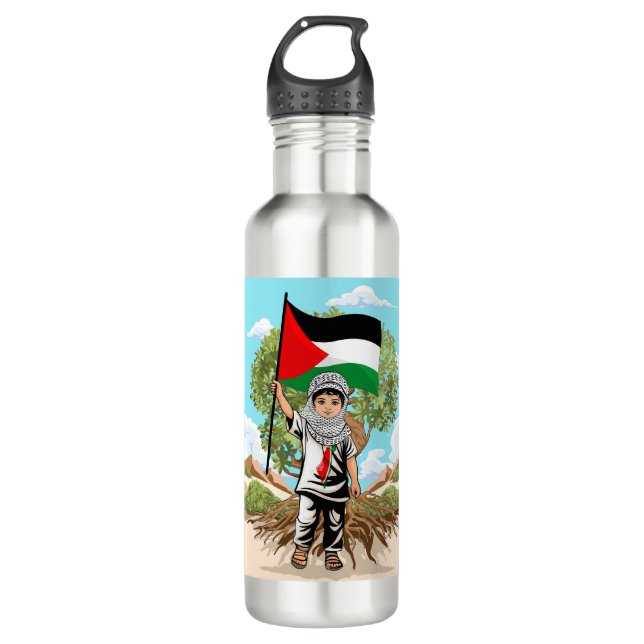 Child with Keffiyeh Palestine Flag and Olive Tree  710 Ml Water Bottle (Front)