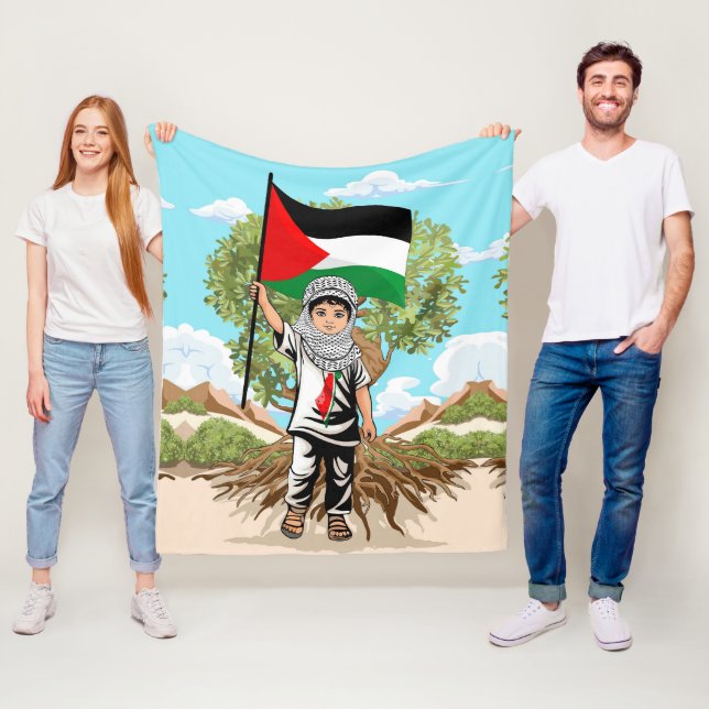 Child with Keffiyeh Palestine Flag and Olive Tree  Fleece Blanket (In Situ)