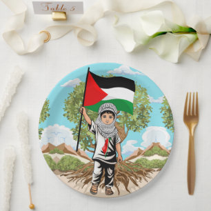 Child with Keffiyeh Palestine Flag and Olive Tree  Paper Plate