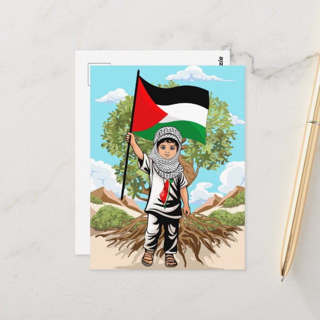 Child with Keffiyeh Palestine Flag and Olive Tree  Postcard (Front/Back In Situ)