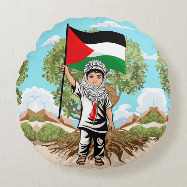 Child with Keffiyeh Palestine Flag and Olive Tree  Round Cushion (Front)