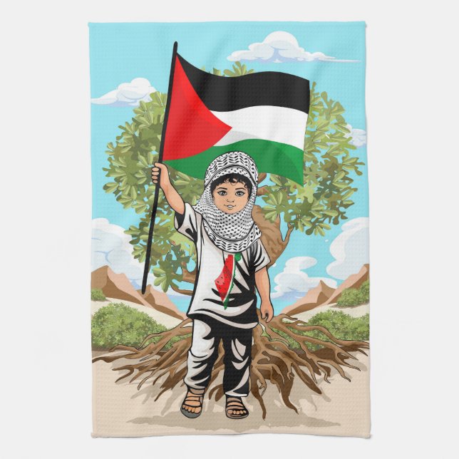 Child with Keffiyeh Palestine Flag and Olive Tree  Tea Towel (Vertical)