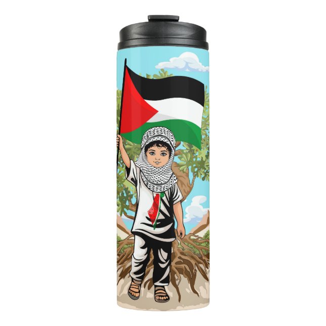 Child with Keffiyeh Palestine Flag and Olive Tree  Thermal Tumbler (Front)