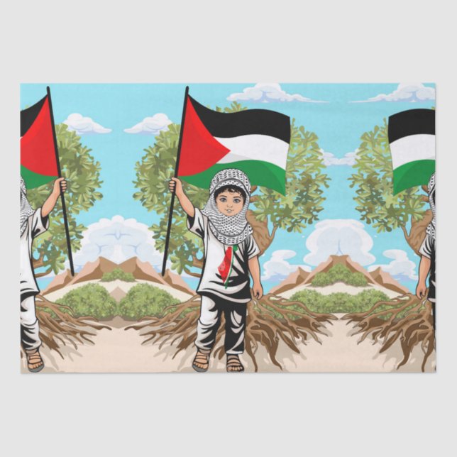 Child with Keffiyeh Palestine Flag and Olive Tree  Tissue Paper (Front)