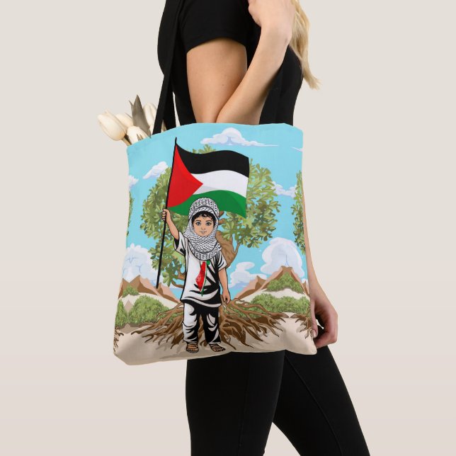 Child with Keffiyeh Palestine Flag and Olive Tree  Tote Bag (Close Up)