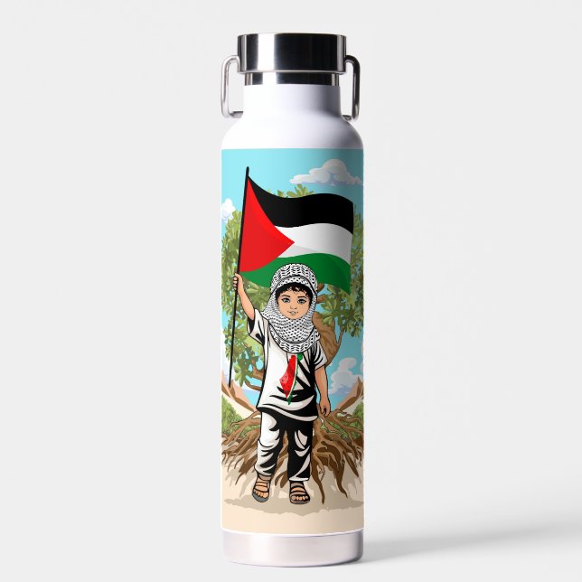 Child with Keffiyeh Palestine Flag and Olive Tree  Water Bottle (Front)