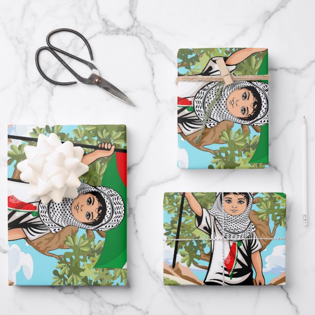 Child with Keffiyeh Palestine Flag and Olive Tree  Wrapping Paper Sheet (Front)