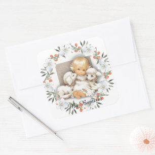 Child with lamb - Batism Invitation Square Sticker