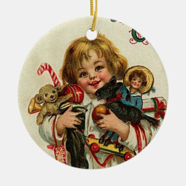 CHILD WITH TOYS AND CHRISTMAS GIFTS CERAMIC TREE DECORATION (Front)