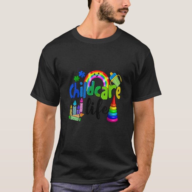 Childcare life daycare puzzle piece crayons and ra T-Shirt (Front)