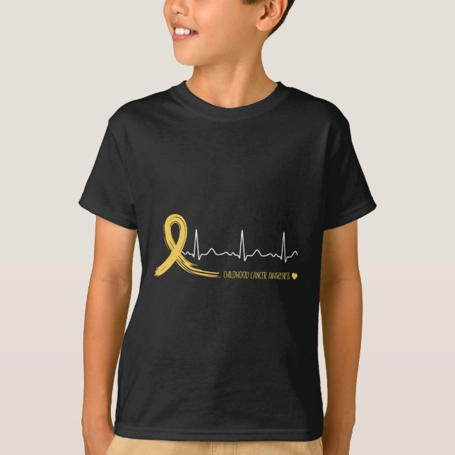 Childhood Cancer Awareness Heartbeat Gold Ribbon  T-Shirt (Front)