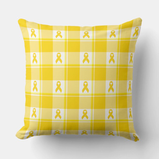 Childhood Cancer Awareness Plaid Gold Ribbon Cushion (Front)