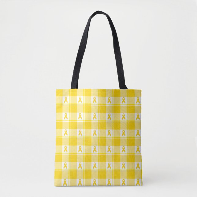 Childhood Cancer Awareness Plaid Gold Ribbon Tote Bag (Front)