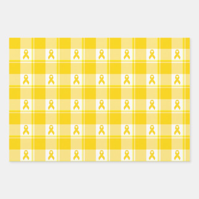 Childhood Cancer Awareness Plaid Gold Ribbon Wrapping Paper Sheet (Front)