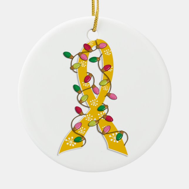 Childhood Cancer Christmas Lights Ribbon Ceramic Tree Decoration (Front)