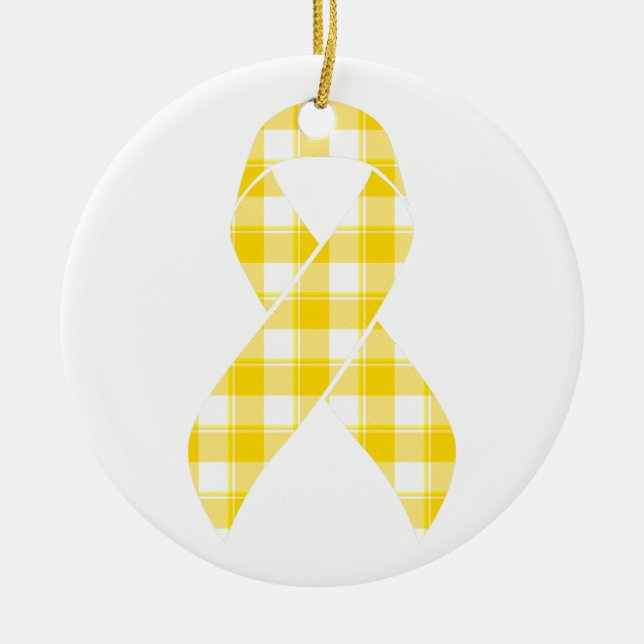 Childhood Cancer Survivor Plaid Gold Ribbon Ceramic Tree Decoration (Front)
