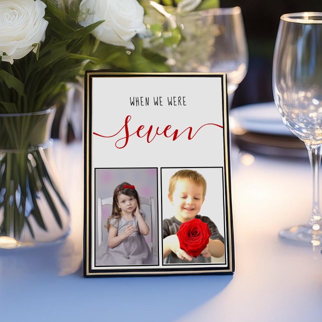 Childhood Photos Age 7 Modern Red Script Wedding Table Number (Creator Uploaded)