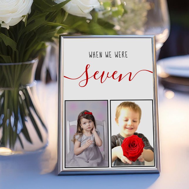 Childhood Photos Age 7 Modern Red Script Wedding Table Number (Creator Uploaded)
