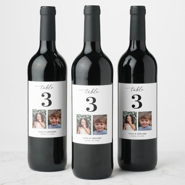 Childhood Pictures Photos Table Number 3 Wedding Wine Label (Bottles)
