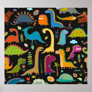 Childish Dinosaurs: Fun Seamless Pattern Poster