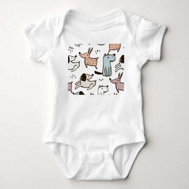 Childish dogs, hand drawn, trendy pattern. baby bodysuit (Front)