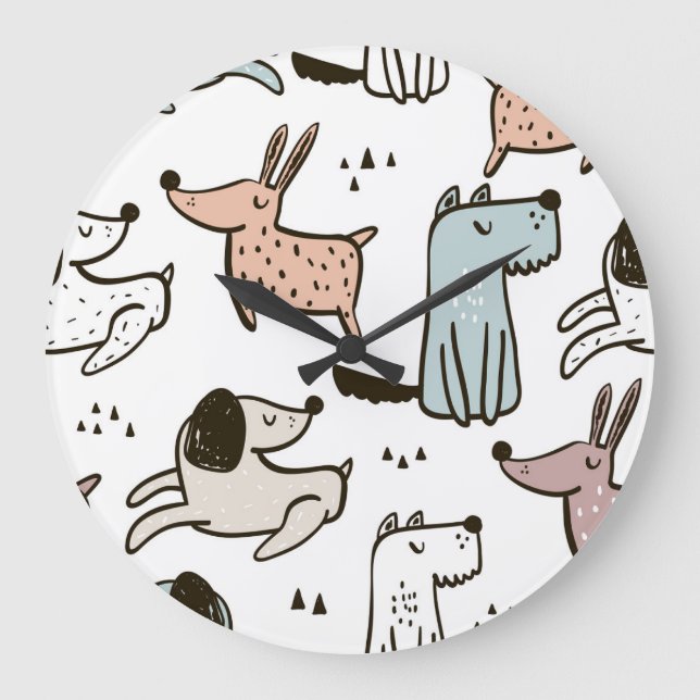 Childish dogs, hand drawn, trendy pattern. large clock (Front)