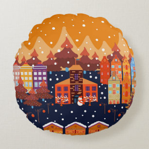 Childish House Trees Scandinavian Pattern Round Cushion