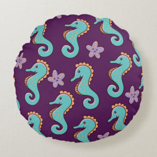 childish nautical seamless pattern with seahorses round cushion