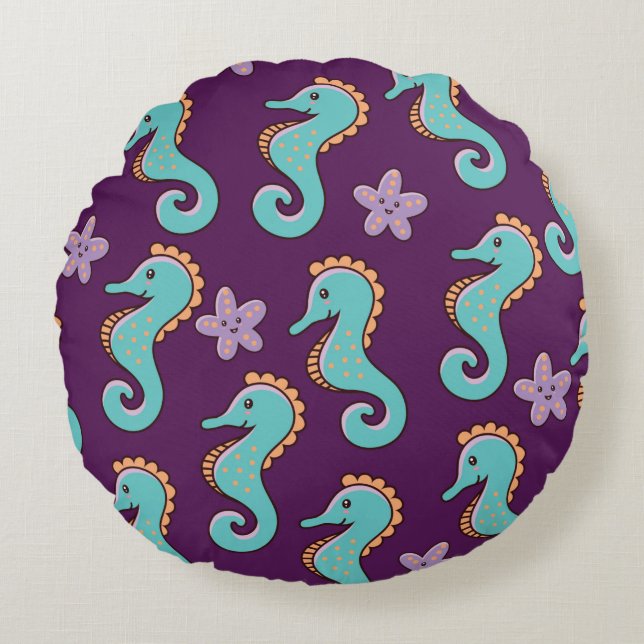 childish nautical seamless pattern with seahorses  round cushion (Front)