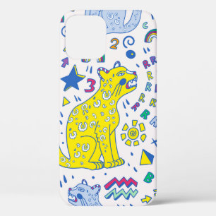 childish pattern with tiger, letters, rainbows, iPhone 12 case