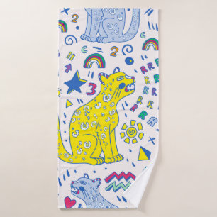 childish pattern with tiger,letters,rainbows,numbe bath towel