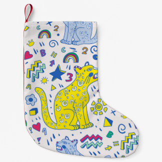childish pattern with tiger,letters,rainbows,numbe small christmas stocking