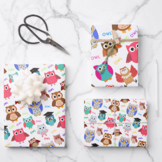 Childish seamless pattern with cute owls on white  wrapping paper sheet
