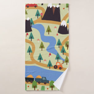Childish seamless pattern with mountains, river, f bath towel