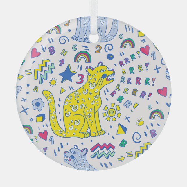 Childish Tiger and Rainbow Pattern Glass Tree Decoration (Front)