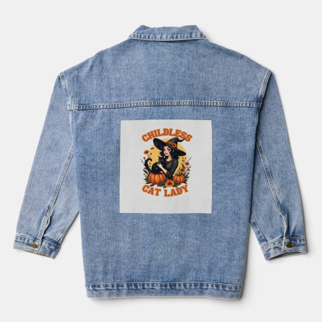 Childless cat lady witch - funny witchy black cat  denim jacket (Back)