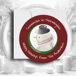 Childlike round red norwegian snowman holiday card