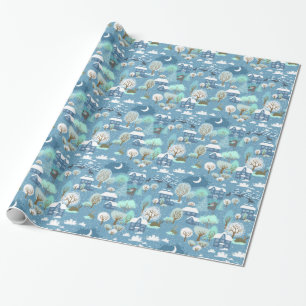 Childlike Winter Scene in Blues Wrapping Paper